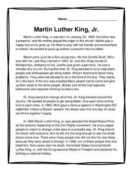 MLK Comprehension Passage & 5 Question Quiz (Editable) | TPT