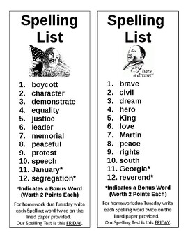 Preview of MLK Spelling List (Editable) 