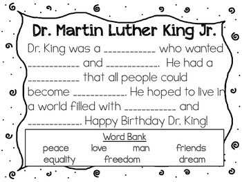MLK fill in the blank story by It All Starts In K | TPT