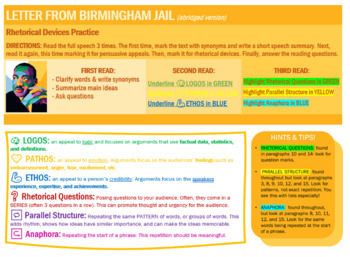 Preview of MLK's Letter From Birmingham Jail Rhetorical Devices (FREE! BLACK HISTORY MONTH)