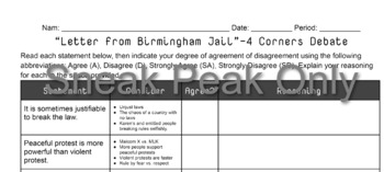 Preview of MLK's Letter from Birmingham Jail- 4 Corners Debate / Anticipation Guide