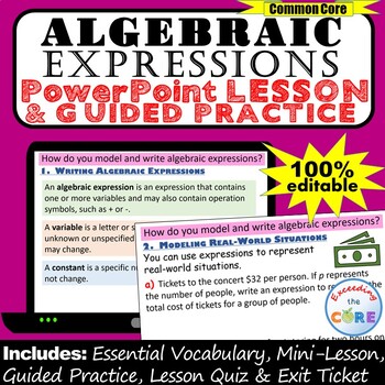 Preview of MODEL & WRITE ALGEBRAIC EXPRESSIONS PowerPoint Lesson & Practice | Digital