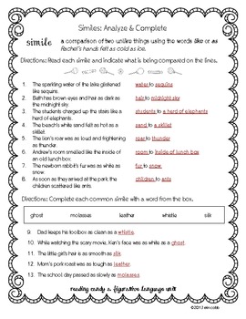 MONDAY FREEBIE! Simile Worksheet & KEY for Middle Grades by Lovin Lit