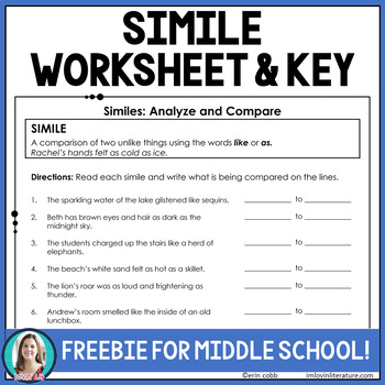 Preview of MONDAY FREEBIE! Simile Worksheet & KEY for Middle Grades