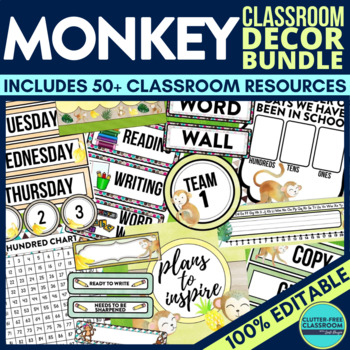 Preview of MONKEY Classroom Decor Bundle Theme use with Rainforest Decorations Editable