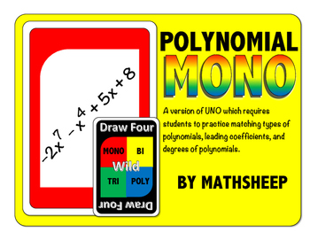 Preview of MONO - Uno Math Game for Polynomials - Degree, Coefficient
