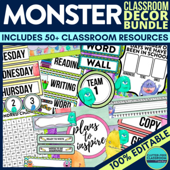 Preview of MONSTER Classroom Decor Bundle MONSTER Theme Decorations Editable bulletin board
