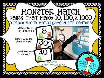 Preview of MONSTER MATCH place value addition math game / center Common Core aligned K-4
