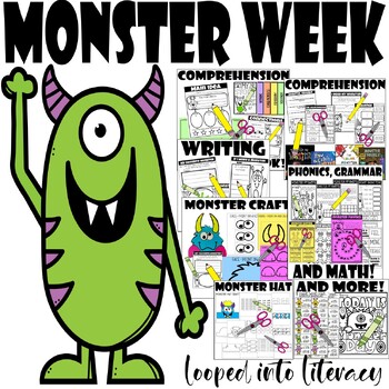 Preview of MONSTER WEEK DAY 2023! CRAFTS HATS MATH READING COMPREHENSION HALLOWEEN