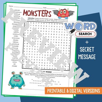 Preview of MONSTERS Word Search Puzzle Activity Vocabulary Worksheet With Secret Message