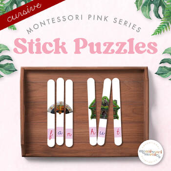 Preview of MONTESSORI PINK SERIES Craft Stick Puzzles | 60 CVC Words in Cursive