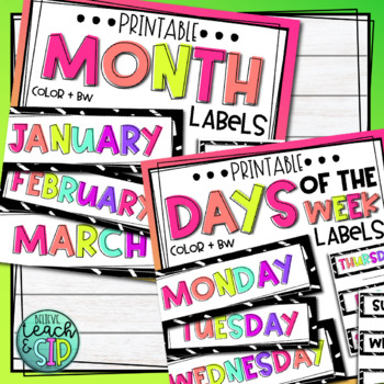 Preview of MONTH and Days of the WEEK Labels | Bright and Bold Classroom Decor