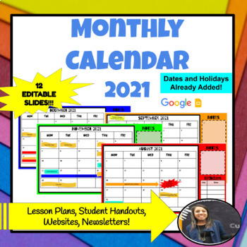 Preview of MONTHLY CALENDAR 2021  *EDITABLE! with Holidays and Stickers