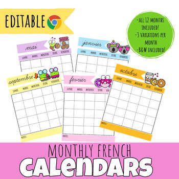 Preview of MONTHLY CALENDAR TEMPLATES | EDITABLE | FRENCH | Google Slides | Colour/ B&W