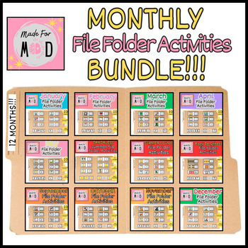 Preview of MONTHLY File Folder Activities BUNDLE | 12 months | Math, ELA, ErrorlessTasks