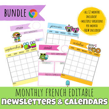 Preview of MONTHLY NEWSLETTER & CALENDAR TEMPLATE BUNDLE | EDITABLE | FRENCH | GOOGLE SLIDE