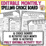 MONTHLY Spelling Choice Board Menu Activities | FULLY EDITABLE | Homework