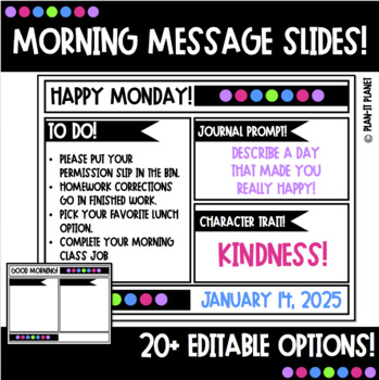 Preview of EDITABLE MORNING MEETING SLIDES! Black/Bright!  (All learning models!)