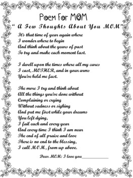TWO POEMS FOR MOTHER'S DAY - “ A Few Thoughts About You MOM” | TpT