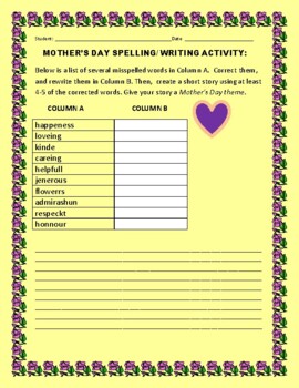 Preview of MOTHER'S DAY SPELLING/WRITING ACTIVITY   GRS.3-5, ESL & ELA