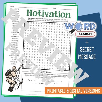 Preview of MOTIVATION Word Search Puzzle Activity Vocabulary Worksheet Secret Message