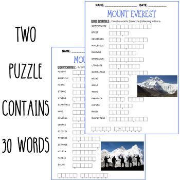 MOUNT EVEREST word scramble puzzle worksheets activities | TPT