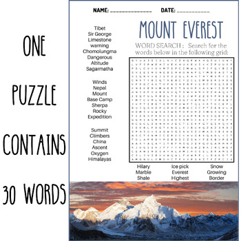 MOUNT EVEREST word search puzzle worksheets activities by Mind Games Studio