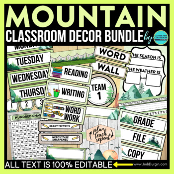 Preview of MOUNTAIN Classroom Decor Bundle Theme adventure nature outdoors wanderlust boho