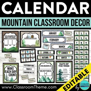 Preview of MOUNTAIN Theme CLASSROOM CALENDAR SET numbers cards math bulletin board editable