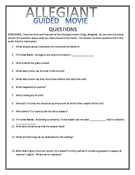 Preview of MOVIE:  ALLEGIANT GUIDED MOVIE QUESTIONS