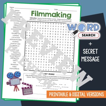 Preview of MOVIES, FILMMAKING Word Search Puzzle Activity Vocabulary Worksheet Secret Code