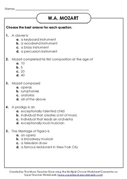 Preview of MOZART MULTIPLE CHOICE QUIZ ONLINE,VIRTUAL