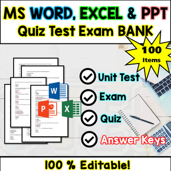 Preview of MS WORD EXCEL POWERPOINT Exam Bank - Test and Quiz Questions Editable