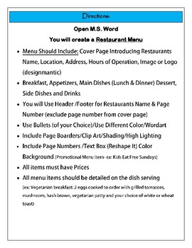 Preview of MS Word Project - Creating a Restaurant Menu