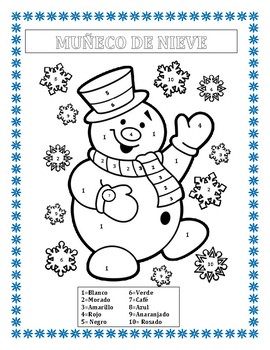 Preview of MUÑECO DE NIEVE - Color by Number in Spanish- Winter Themed-Distance Learning 