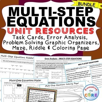 MULTI-STEP EQUATIONS Bundle - Task Cards, Error Analysis, Word Problems, Puzzles
