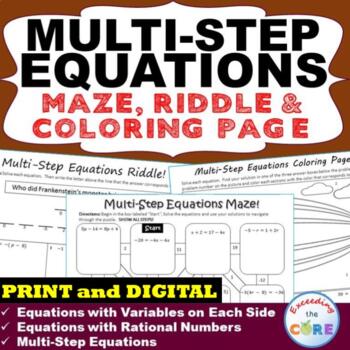 Preview of MULTI-STEP EQUATIONS Maze, Riddle, & Color by Number Activity | Print or Digital