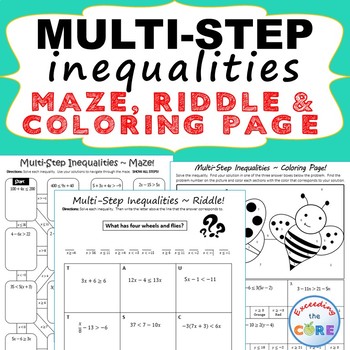 Preview of MULTI-STEP INEQUALITIES Maze, Riddle, Color by Number Coloring Page Fun Activity