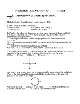 Preview of MULTIPLE CHOICE MAGNETISM QUIZ Magnets, Magnetic Field Lines WITH ANSWERS #13