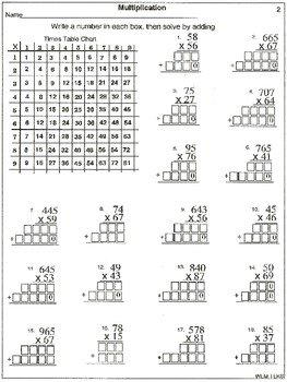 Multiplication: 2 and 3-Digit by 2-Digit With Times Chart (20 worksheets)