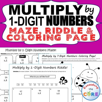 Preview of MULTIPLICATION BY 1-DIGIT NUMBERS Maze, Riddle, Color by Number (Fun MATH)