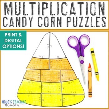 Preview of MULTIPLICATION Candy Corn Math Game: Autumn Fall Activity Craft Center Puzzle