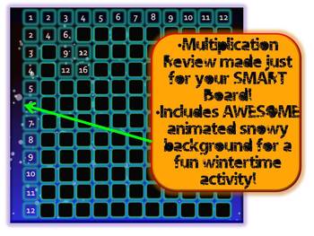 Preview of MULTIPLICATION PRACTICE SMART BOARD ACTIVITY with ANIMATED SNOWY BACKGROUND