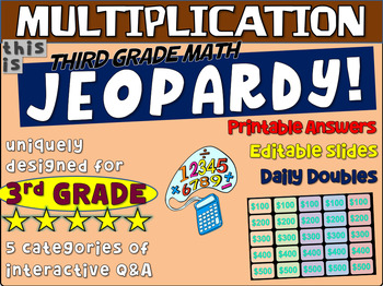 Preview of MULTIPLICATION PRACTICE - Third Grade MATH JEOPARDY! handouts & Game Slides
