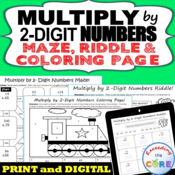 Preview of MULTIPLICATION by 2-DIGIT NUMBERS Maze, Riddle, Coloring Page | Print & Digital