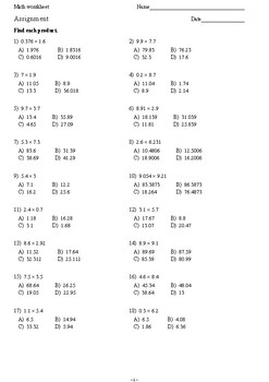 Preview of MULTIPLY AND DIVIDE DECIMAL NUMBERS - 70 MULTIPLE CHOICE QUESTIONS + ANSWER KEY