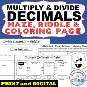 Preview of MULTIPLY & DIVIDE DECIMALS Maze, Riddle, Coloring | Google | Print or Digital