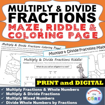 Preview of MULTIPLY & DIVIDE FRACTIONS Maze, Riddle, Coloring | Google | Distance Learning