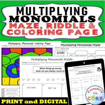 Preview of MULTIPLYING MONOMIALS Maze, Riddle, Coloring Page | PRINT & DIGITAL