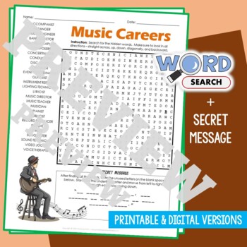 Preview of MUSIC CAREERS Word Search Puzzle Activity Vocabulary Worksheet Secret Message